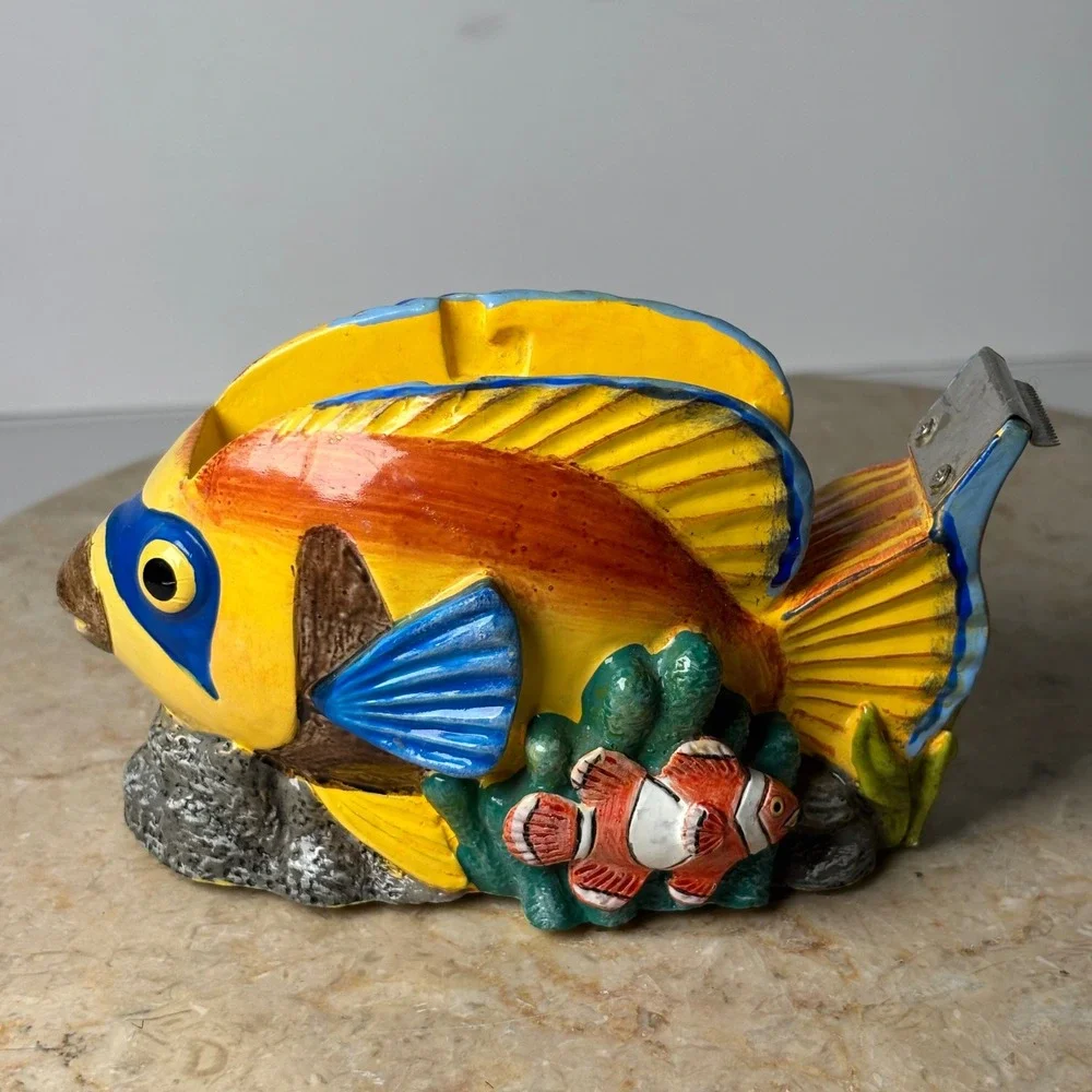 FIGI Graphic Fish Tape Dispenser Yellow Tropical Coral Reef Resin MISSING INSERT